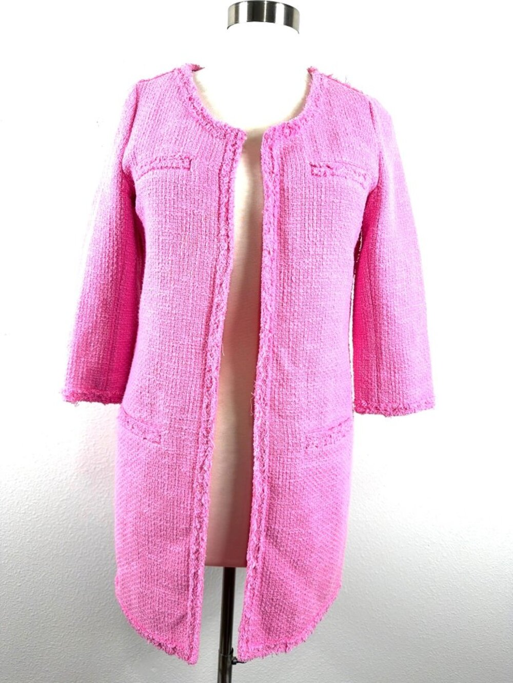 ZARA Pink Bouclé Coat Chanel Style Open Front Textured Jacket Size M - Picture 4 of 15